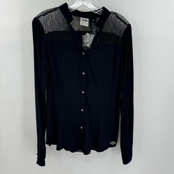 Harley Davidson Mixed Media Lace Velvet Button Top Sz M Black Rhinestone Tunic - Picture 2 of 6